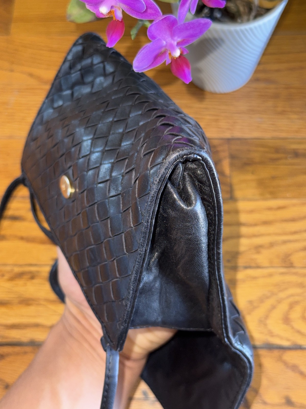 Vintage Bottega Veneta Intrecciato Black Leather Crossbody Bag Italy