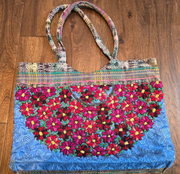 Embroidered Floral Tote Bag Blue Boho Market Travel Zip Top Large