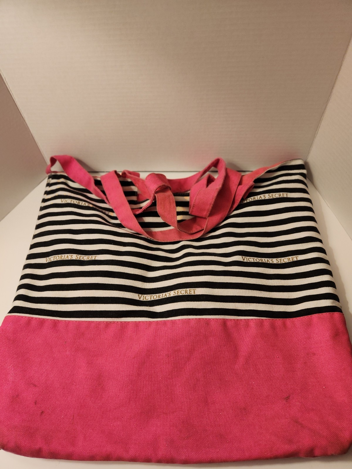 VICTORIA’S SECRET – Canvas Tote PINK & BLACK/WHITE STRIPES * Check Description