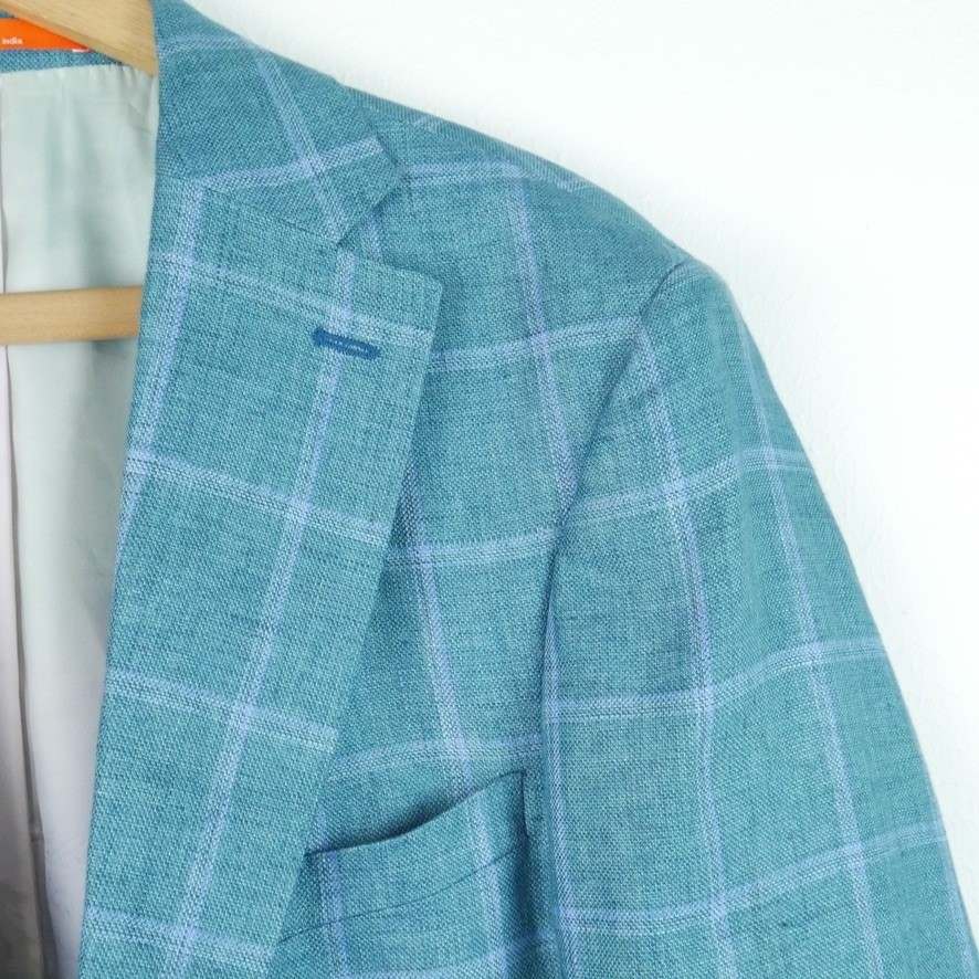 Tallia Men’s 100% Linen Teal Blue Windowpane Plaid Sport Coat Jacket Blazer 40R