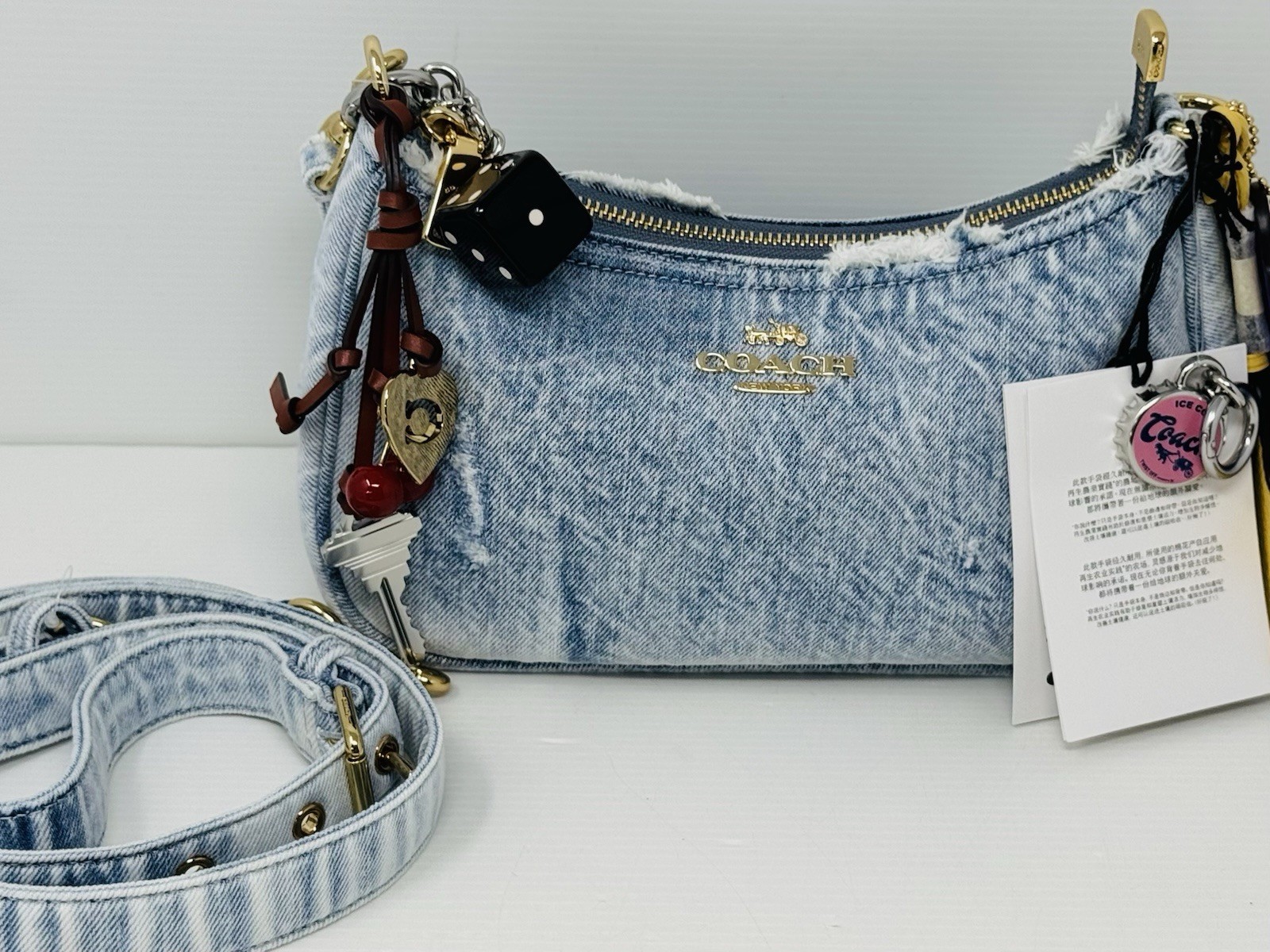 NWT COACH CDY76 Teri Shoulder Bag In Loved Denim With Charms /Light Indigo