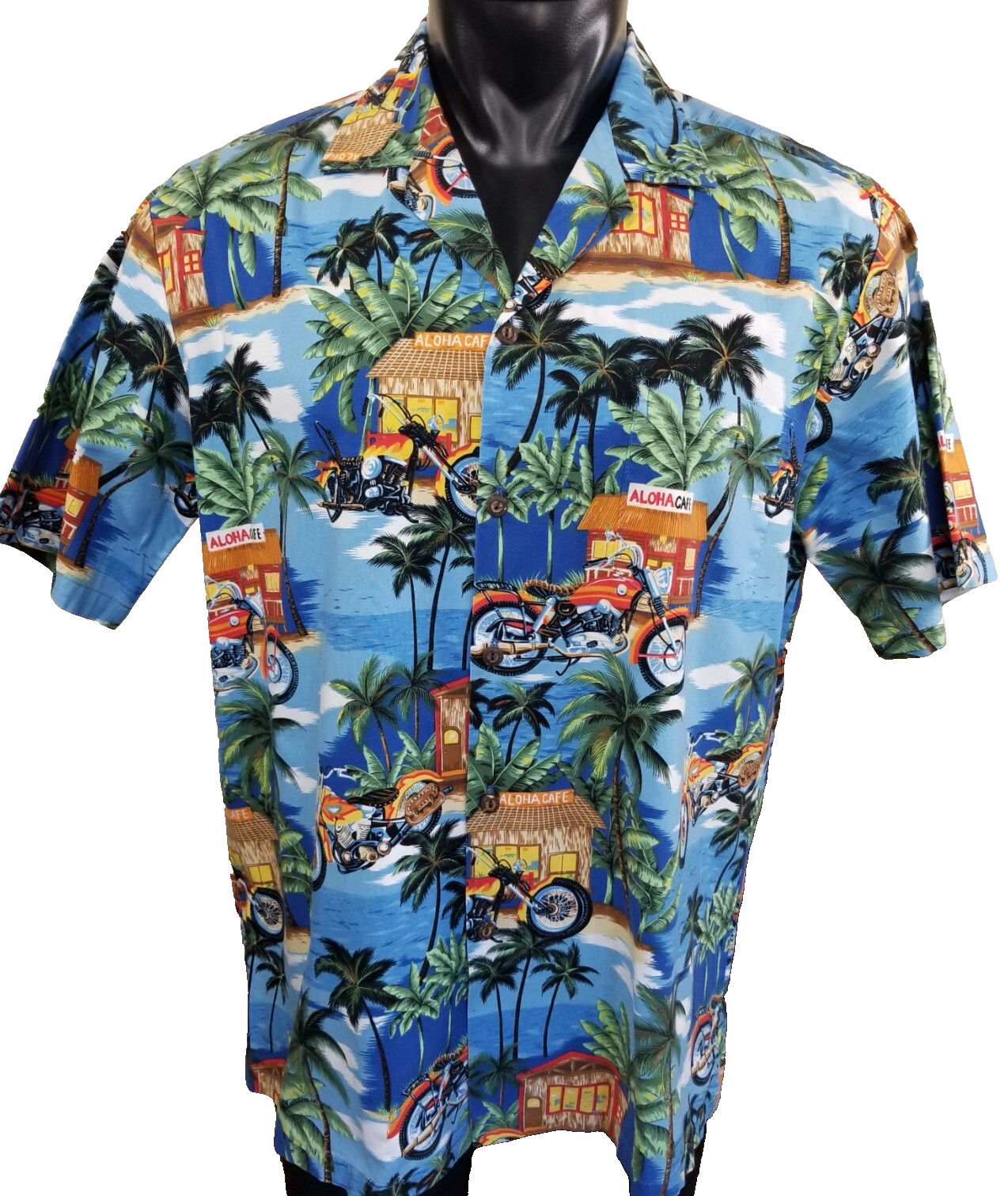 Aloha Republic Hawaiian Aloha Cafe Motorcycle Cotton Button Up Shirt Men’s Sz L