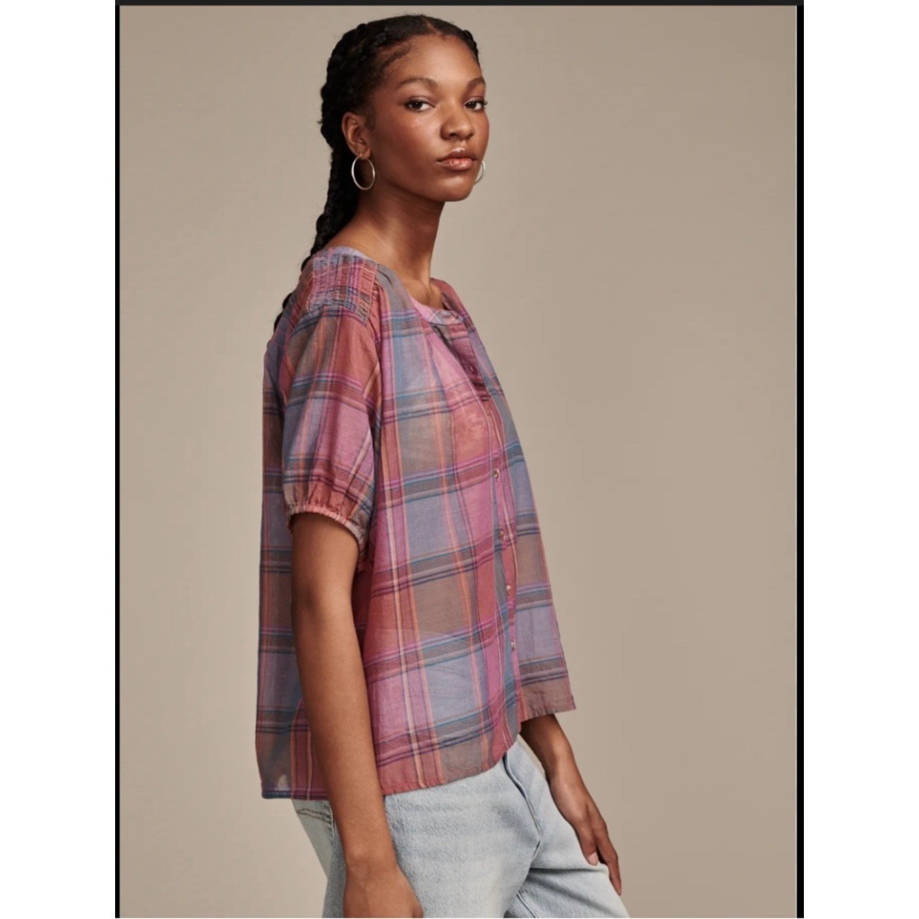 Lucky Brand Pink & Purple Plaid Smocked-Shoulder Blouse light summer top