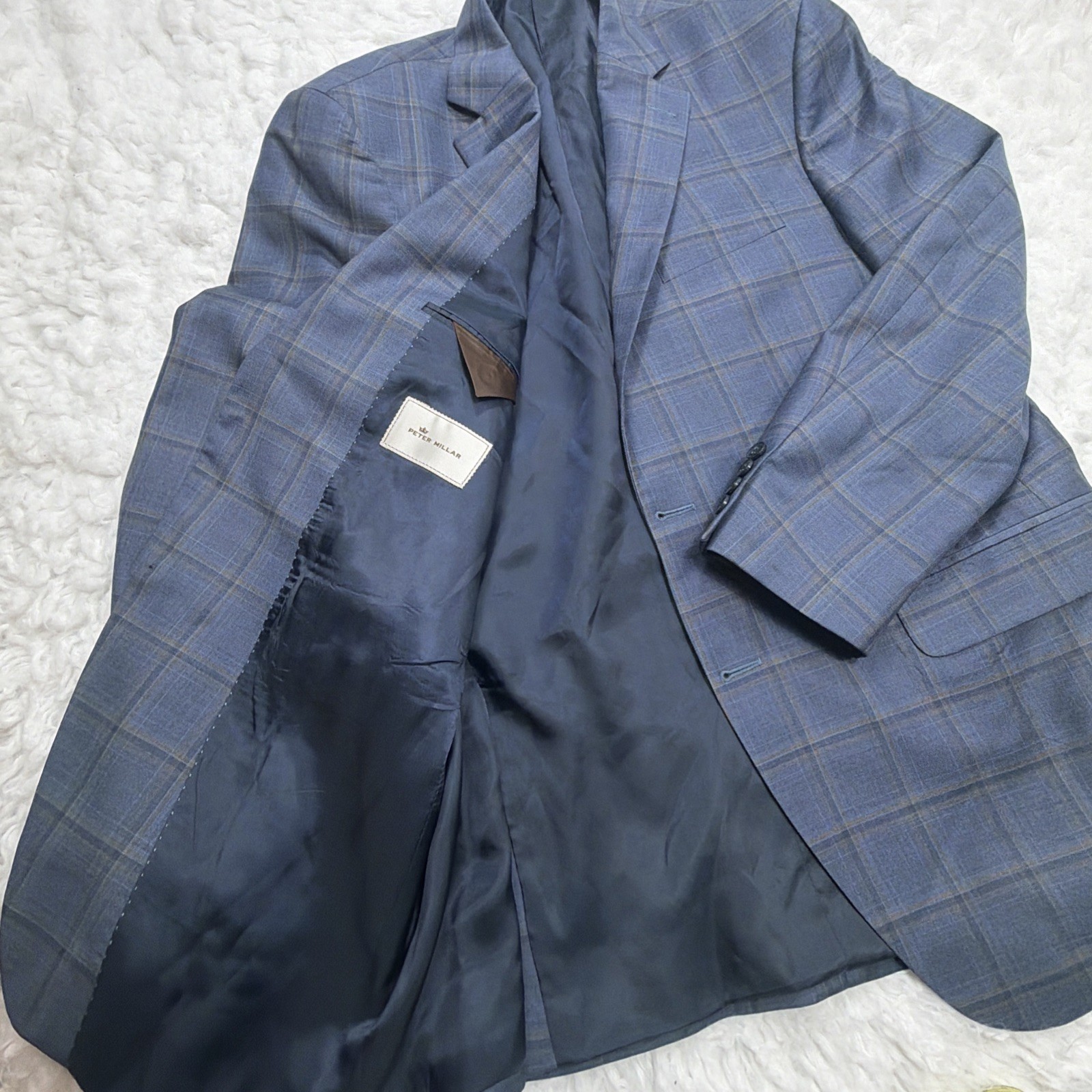 Peter Millar Sport Coat Blazer 42R Blue Plaid Windowpane Check Modern Formal Men