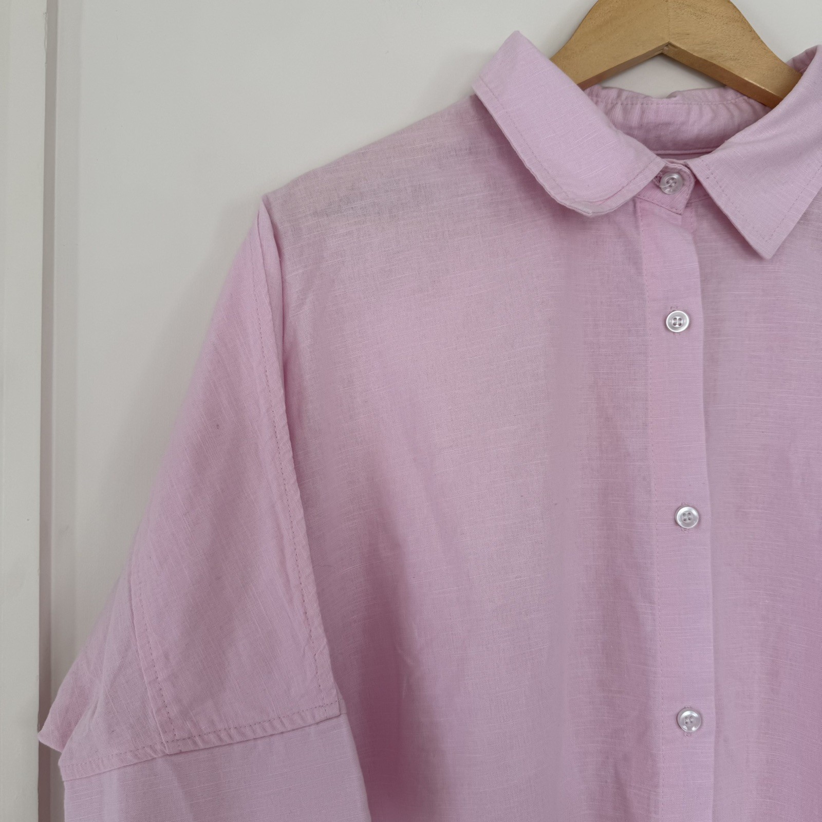 SNDYS pink linen blend button up shirt