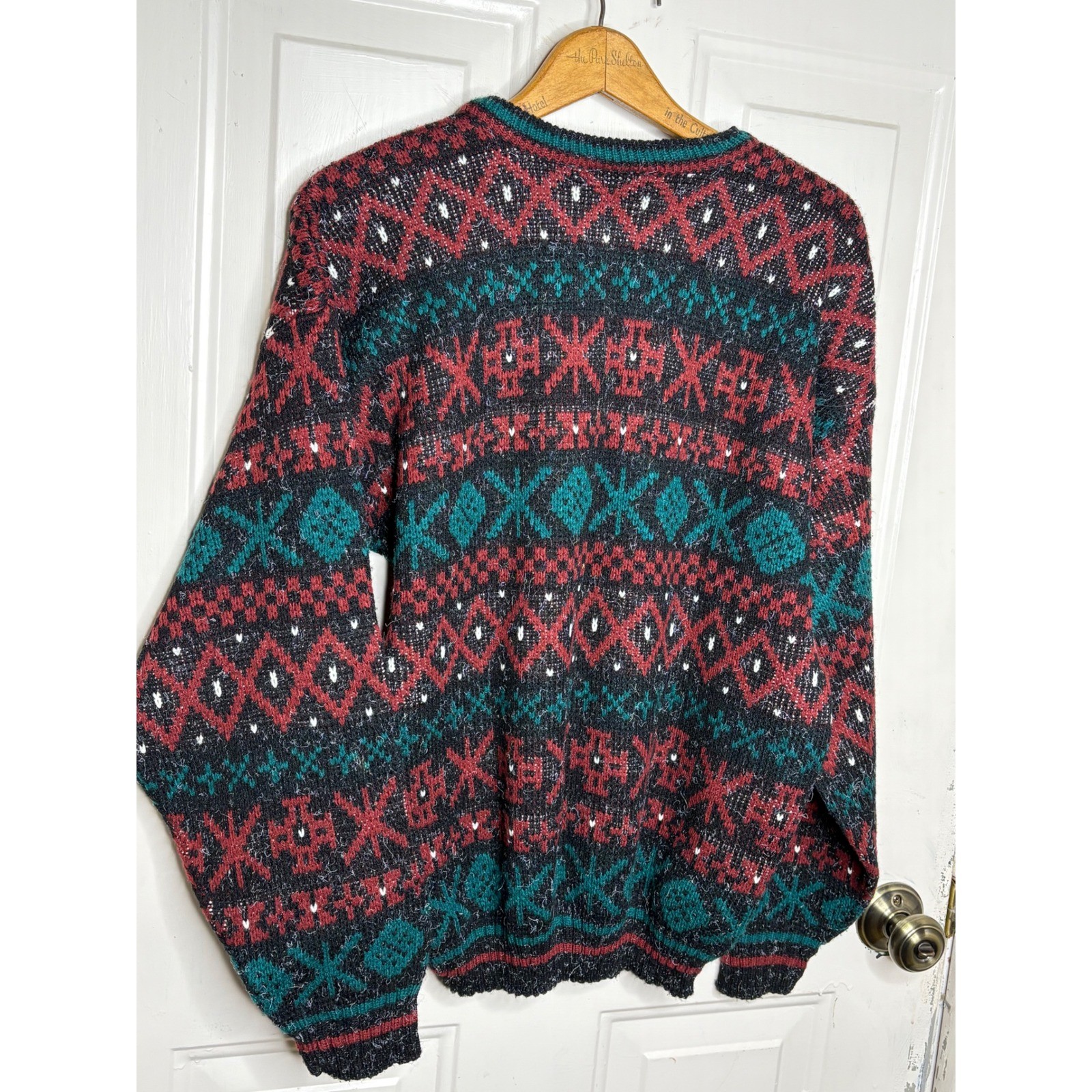 Edison Knitwear Mens Large Fair Isle Geometric Sweater Red Green Black USA