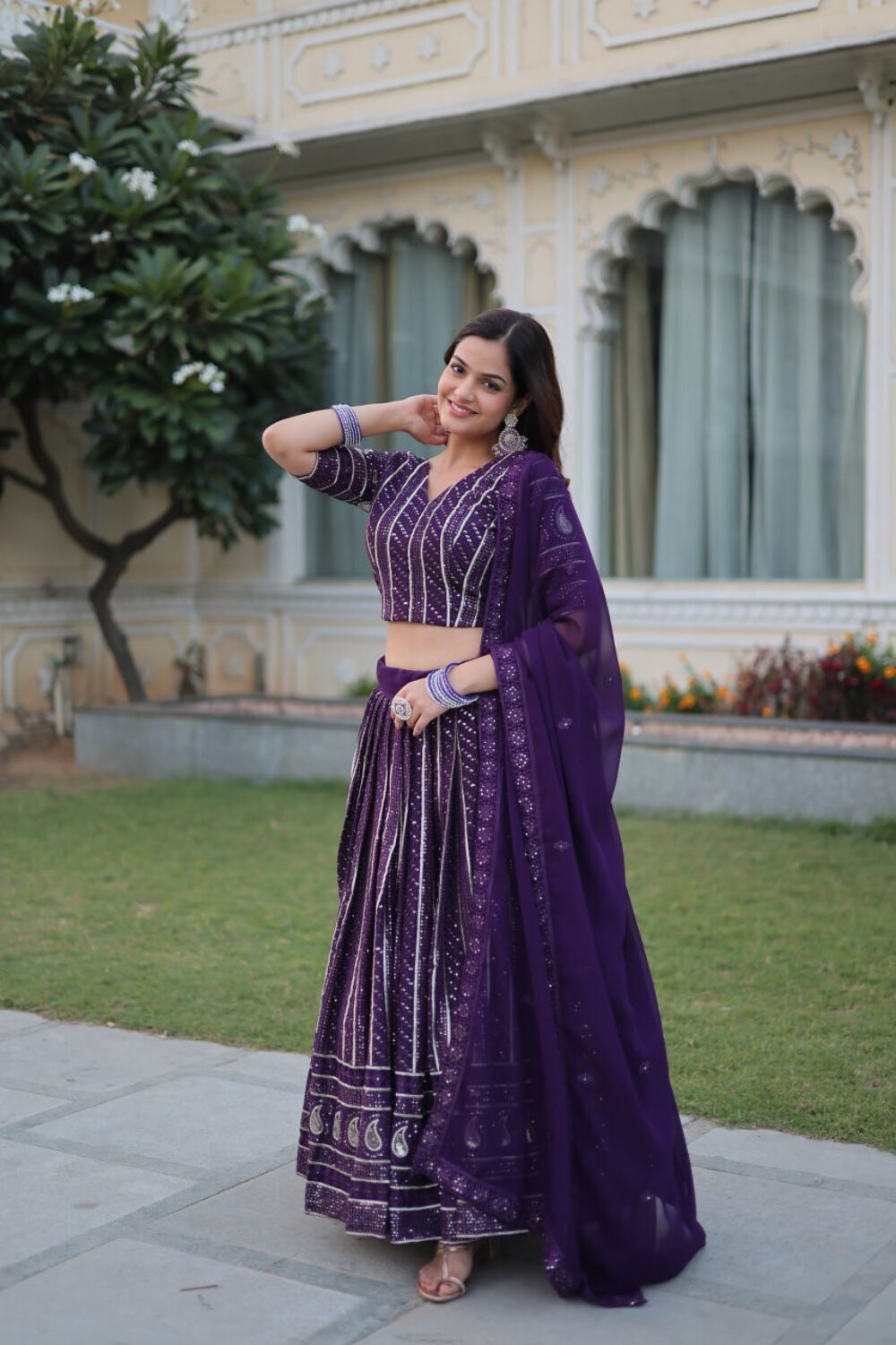 Purple Designer Dyeable Pure Viscose Jacquard fabric Lehenga Choli & Dupatta Set