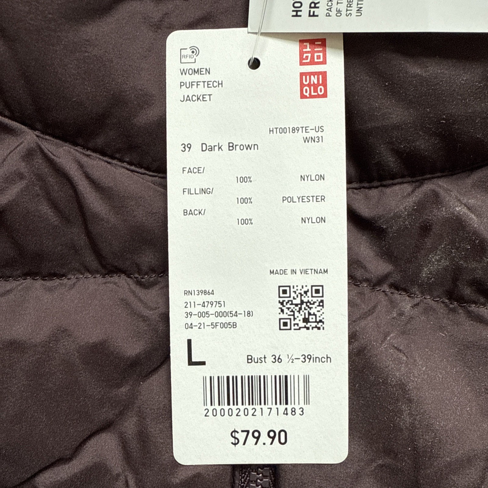 New $80 Uniqlo Women Puff Tech Jacket The North Face Bust 36 39 Dark Brown Sz L