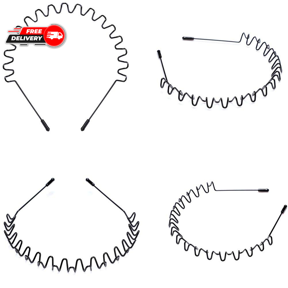 Metal Headbands, 2 Pack Fashion Unisex Black Hairband Spring Wave Non Slip Sport
