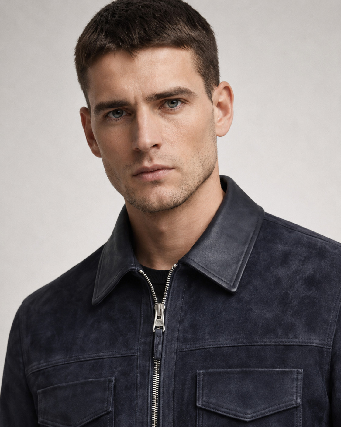 Men’s Blue Suede Leather Racer Jacket – Premium Nubuck – Motorcycle Style Coat