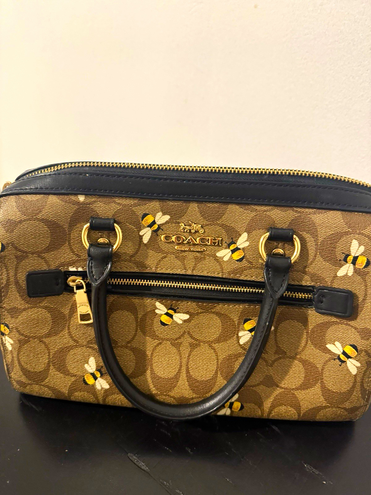 Coach Brown Monogram Satchel Top Handle Bag, Zip Closure, Gold Hardware