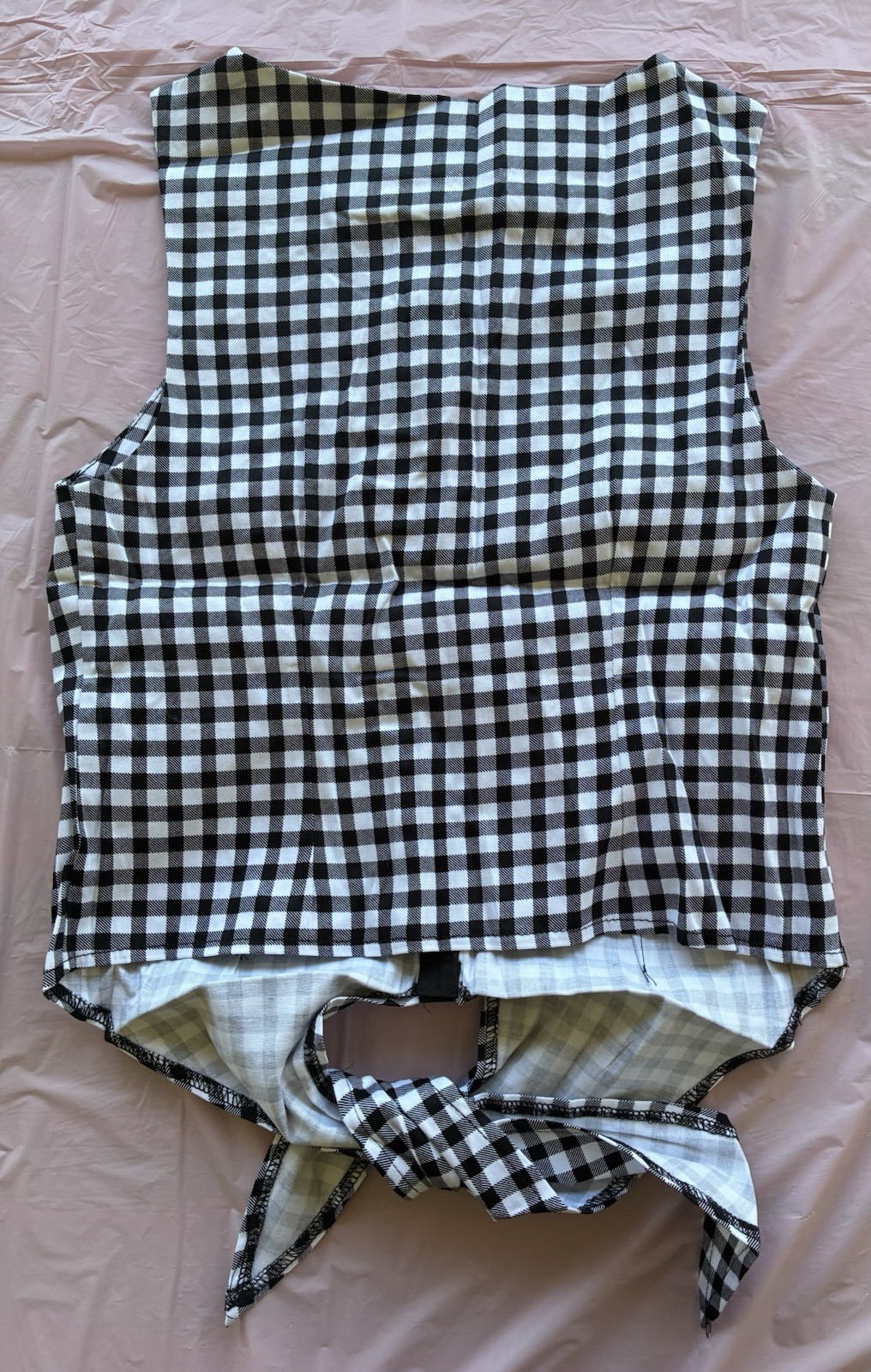 Banjo & Cake Women’s Top Shirt Gingham Sleeveless Button-Up Embroidered Tie Sz S