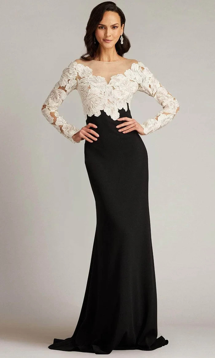 Tadashi Shoji Black Ivory Embroidered Bodice Evening Gown Size 2 $468