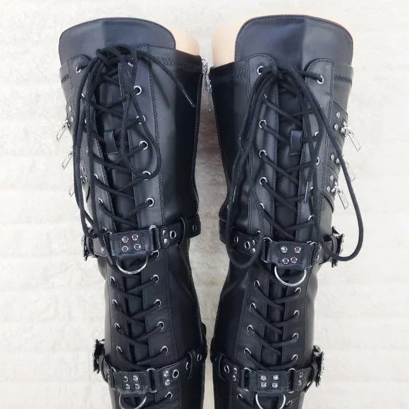Shaker 420 Black sTRETCH 4.5″ Wedge Heel OTK Thigh Boots Skulls Zippers NY DEMON