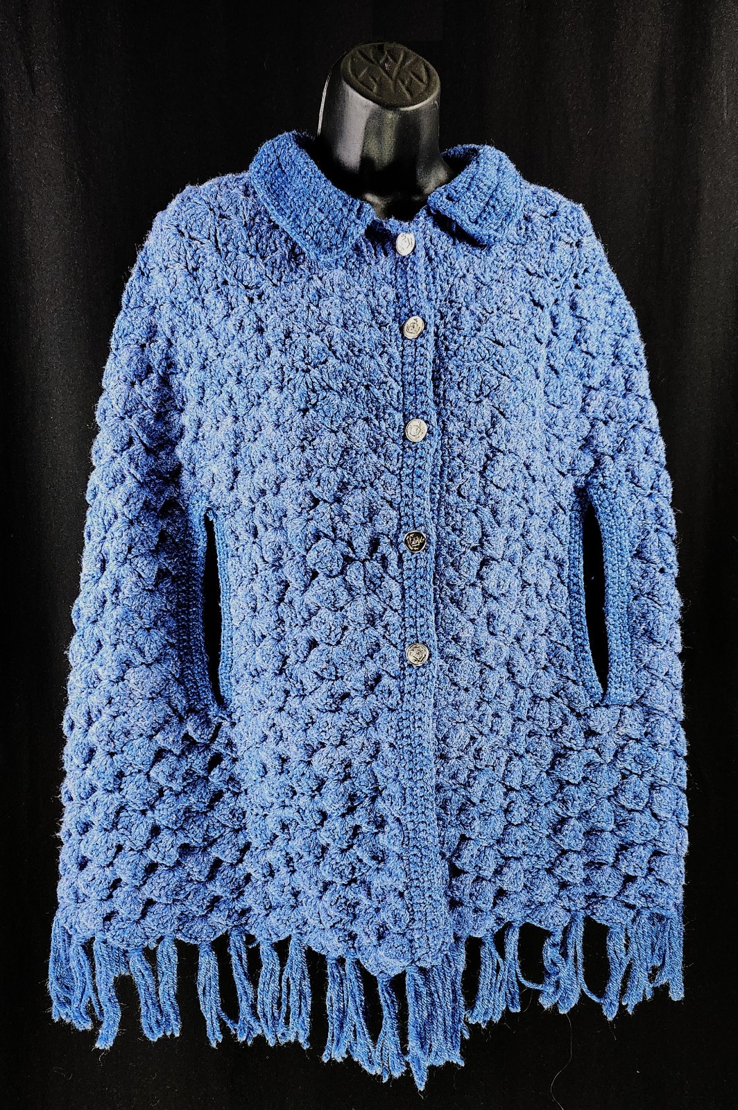 VTG Hand Crochet Cape Shawl Poncho ~Button Front ~Fringe~ BOHO Cottagecore Retro
