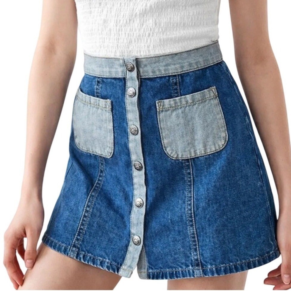 BDG Urban Outfitters Two Tone Denim Mini Skirt Size 6 Colorblock Button Front