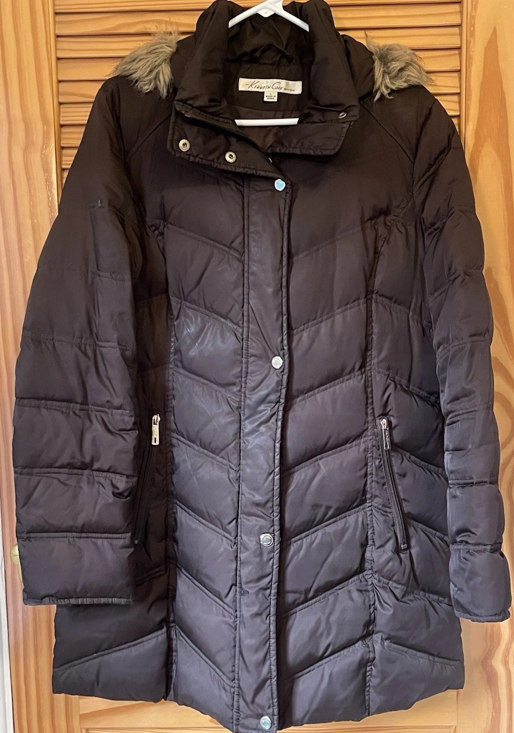 Kenneth Cole New York Women’s Brown Down Quilted Hood Faux Fur Zip Puffer L