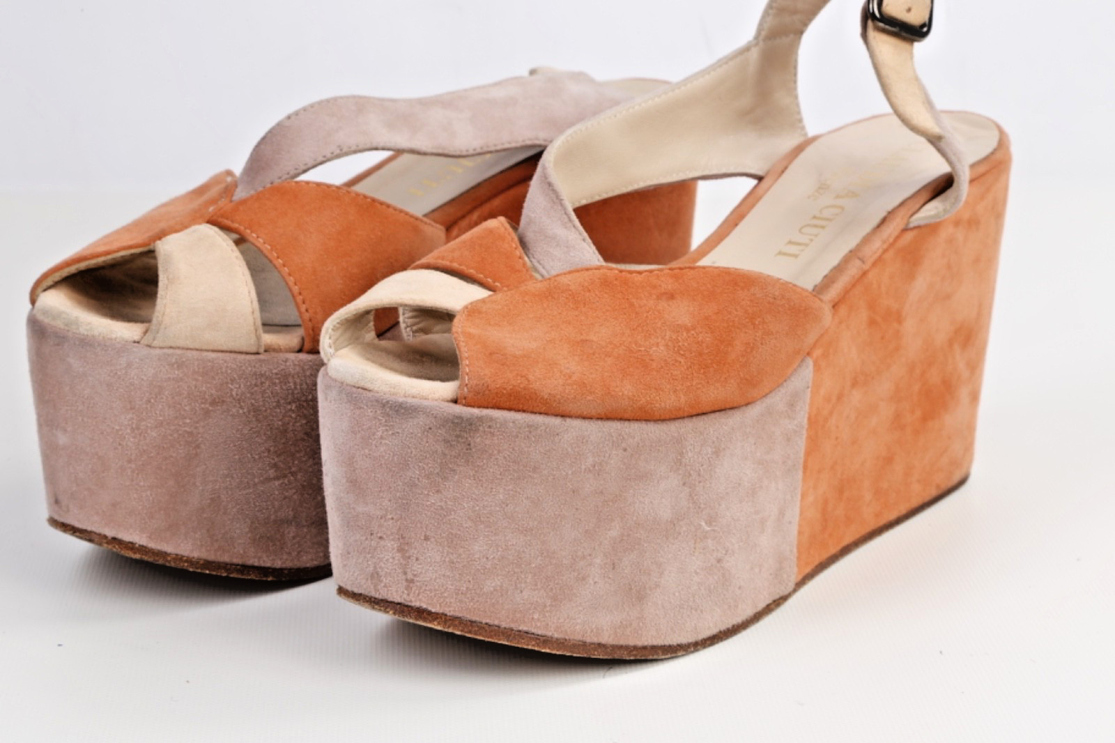 Claudia Ciuti Italian Suede Platform Wedge Sandals Tan Orange Colorblock Size 7M