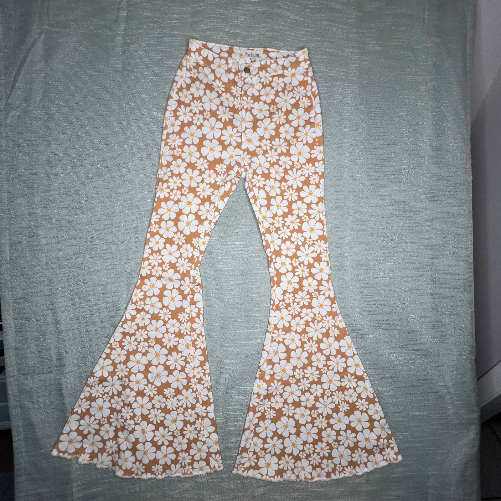 Peach Love California Orange White Daisy Floral Bell Bottom Flare Pants Small