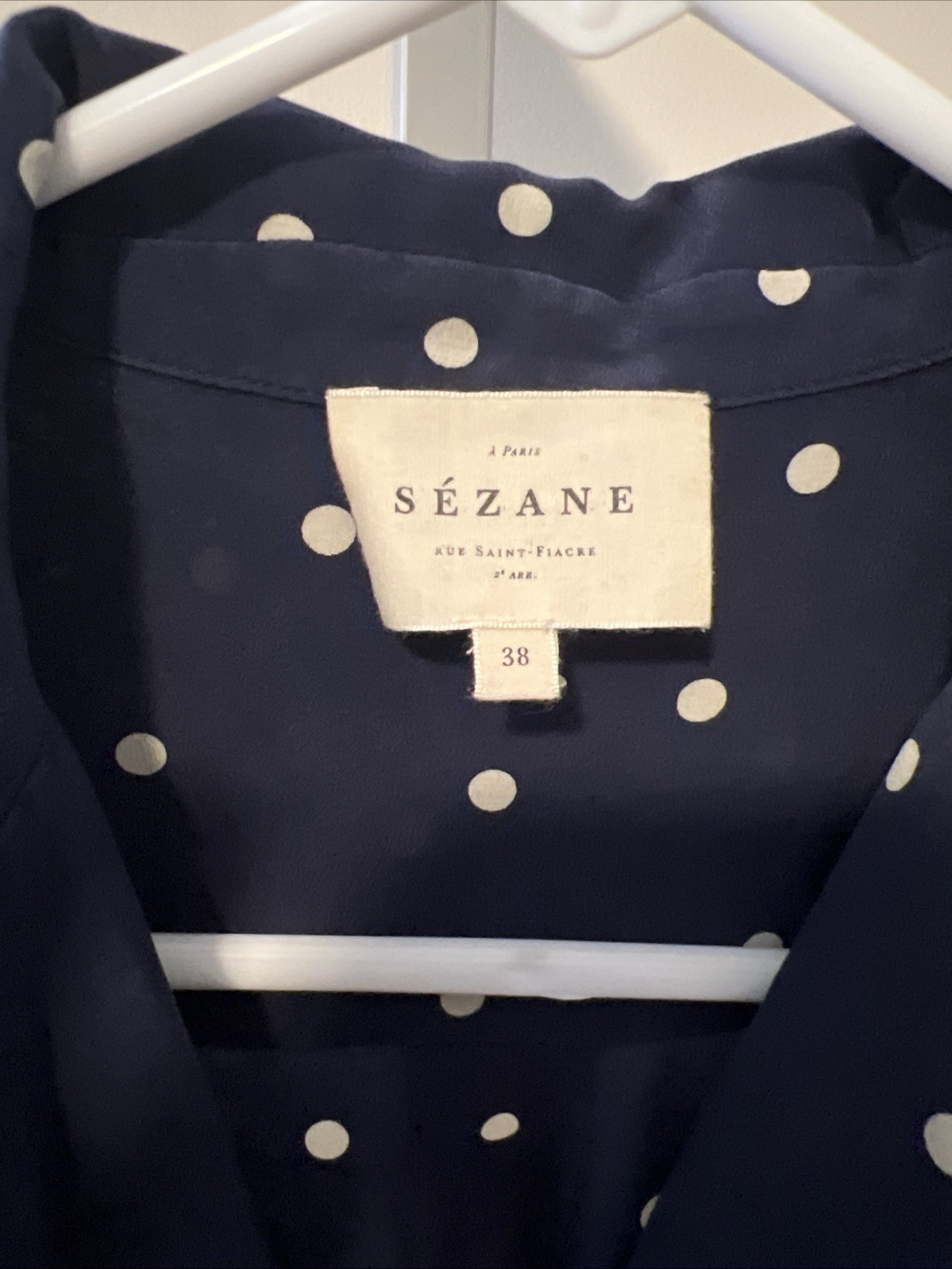 SÉZANE Polka Dot Silk Button-Up Long Sleeve Shirt Navy Blue Size 38