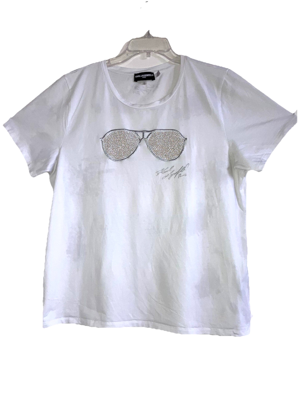 KARL LAGERFIELD sz XL White Cotton Short Sleeve T Shirt Rhinestone Sunglasses