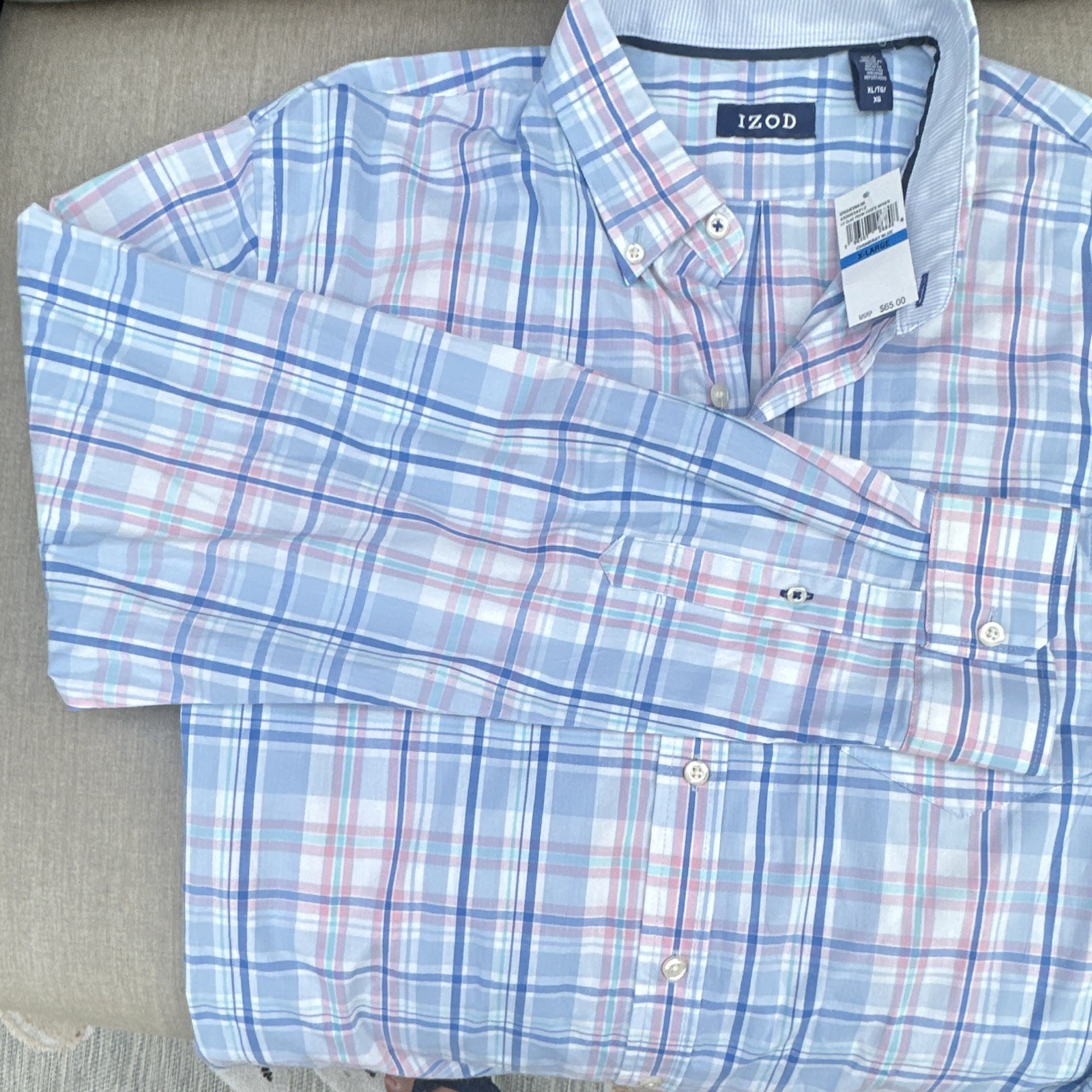 IZOD Men’s XL Blue Pink White Plaid Cotton Woven Long Sleeve Button-Down Shirt
