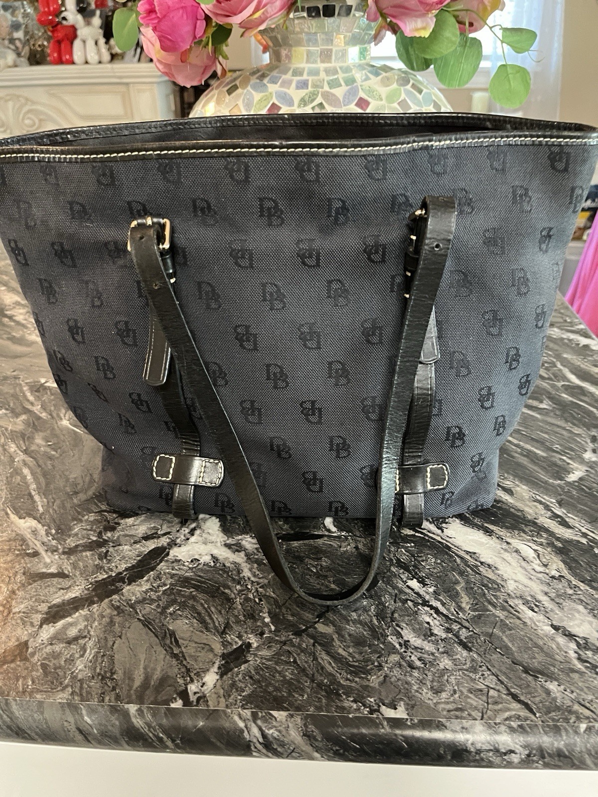 Authentic Dooney & Bourke Black Signature DB Canvas Leather Tote Shoulder Bag