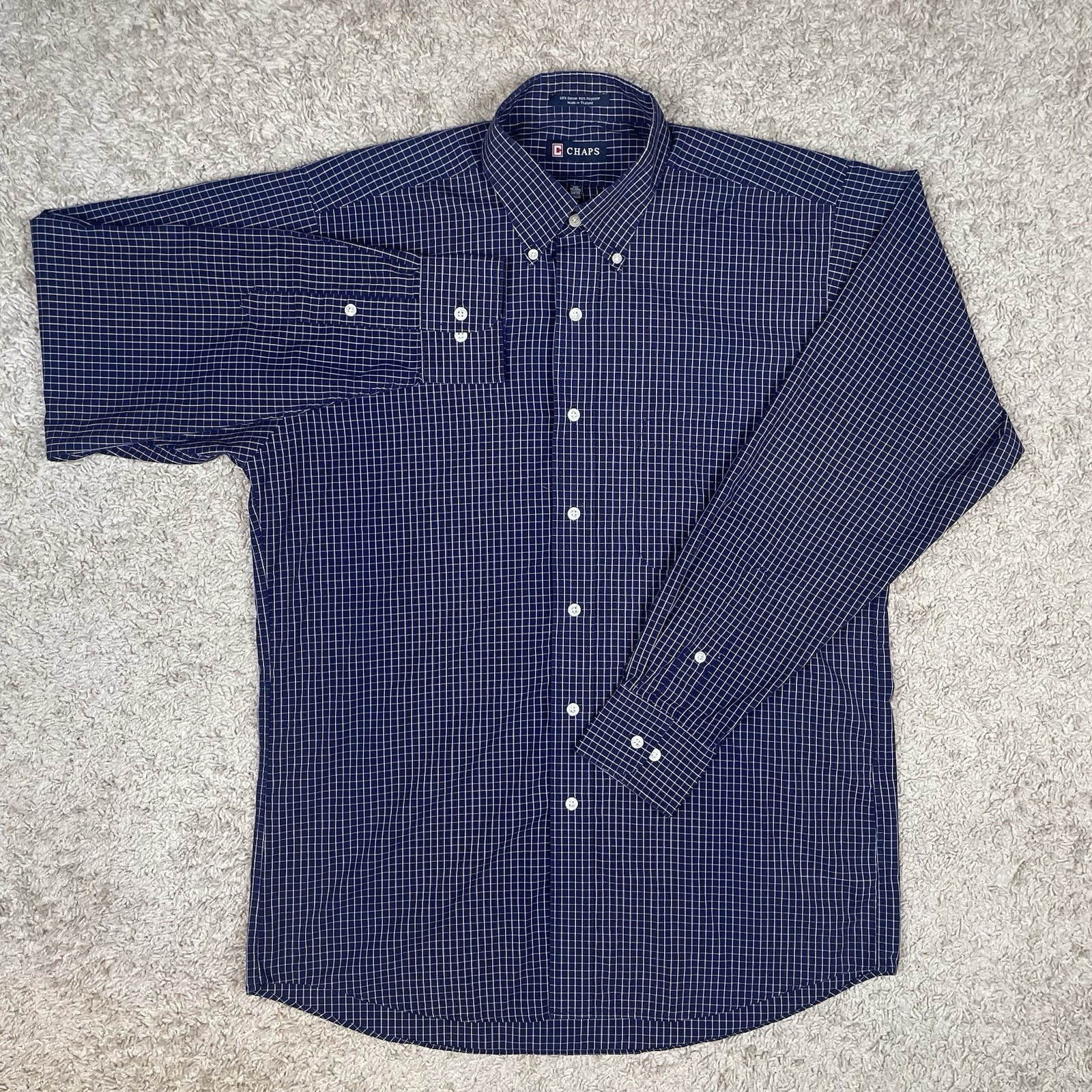 Chaps Shirt Men’s Medium Long Sleeve Button Down Blue Plaid Wrinkle Free