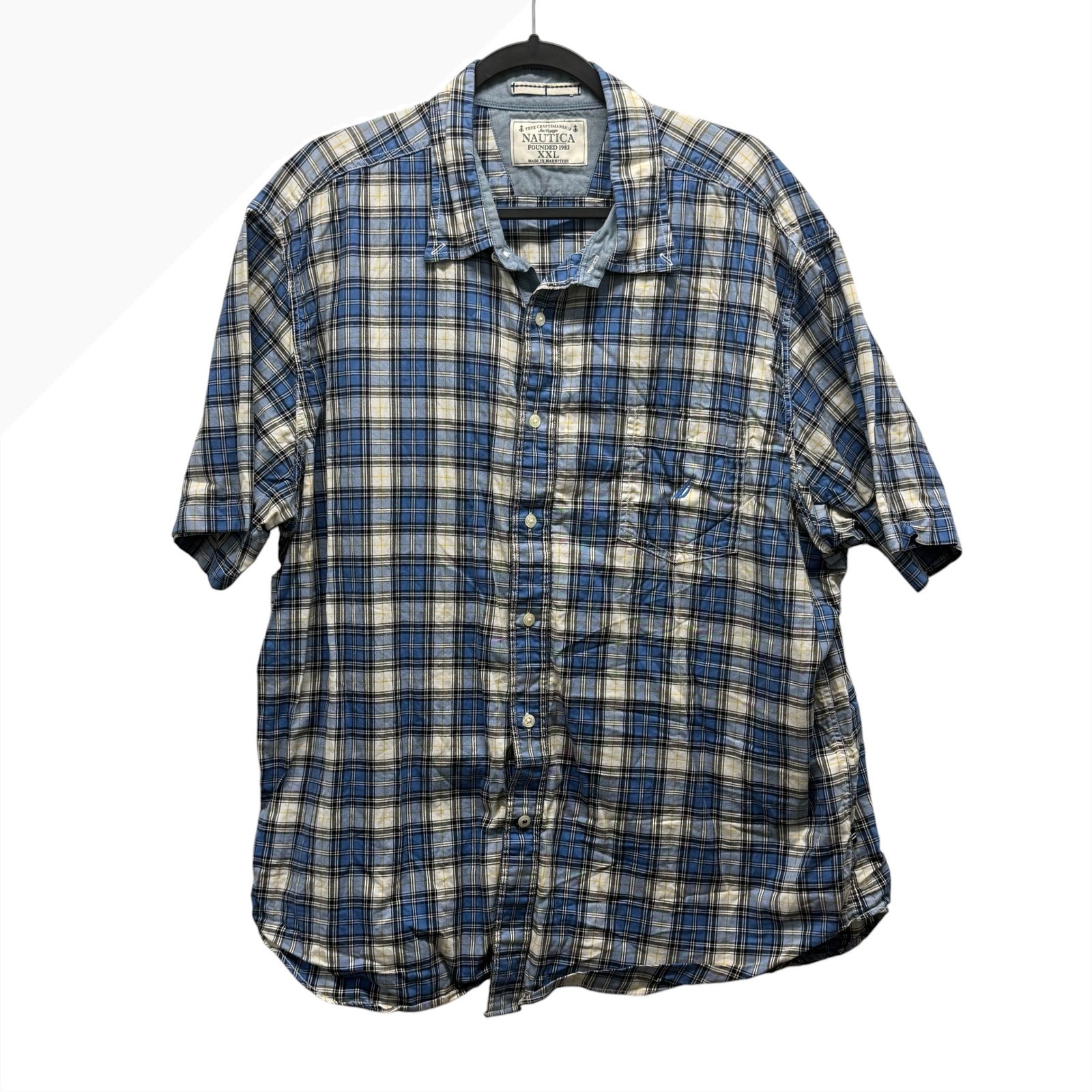Nautica Mens XXL Blue Plaid Short Sleeve Button Down Shirt Nautical Classic