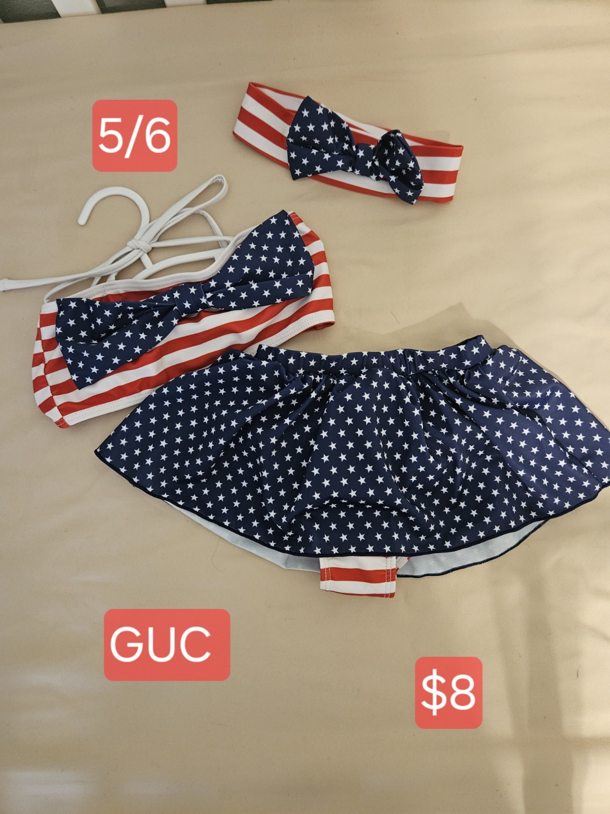 Girls 5/6 2-Piece Swim Set Bandeau Top Skirted Bottom Stars USA Flag