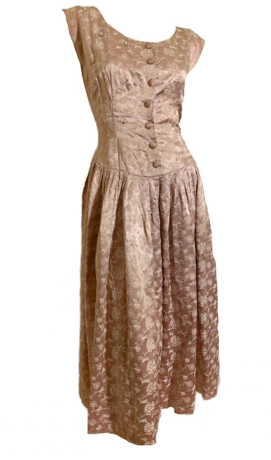 True Vintage 1950s Pale Pink Embroidered Satin Party Dress Rhinestones Pearls