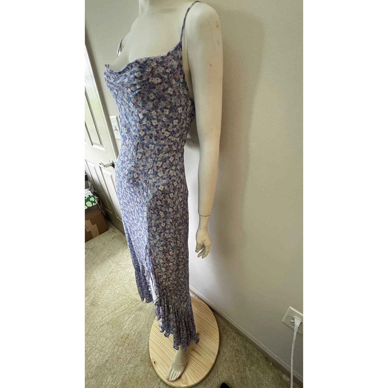 Yumi Kim Lavender Floral Cowl Neck Maxi Dress Ruffle Slit Boho fairy core