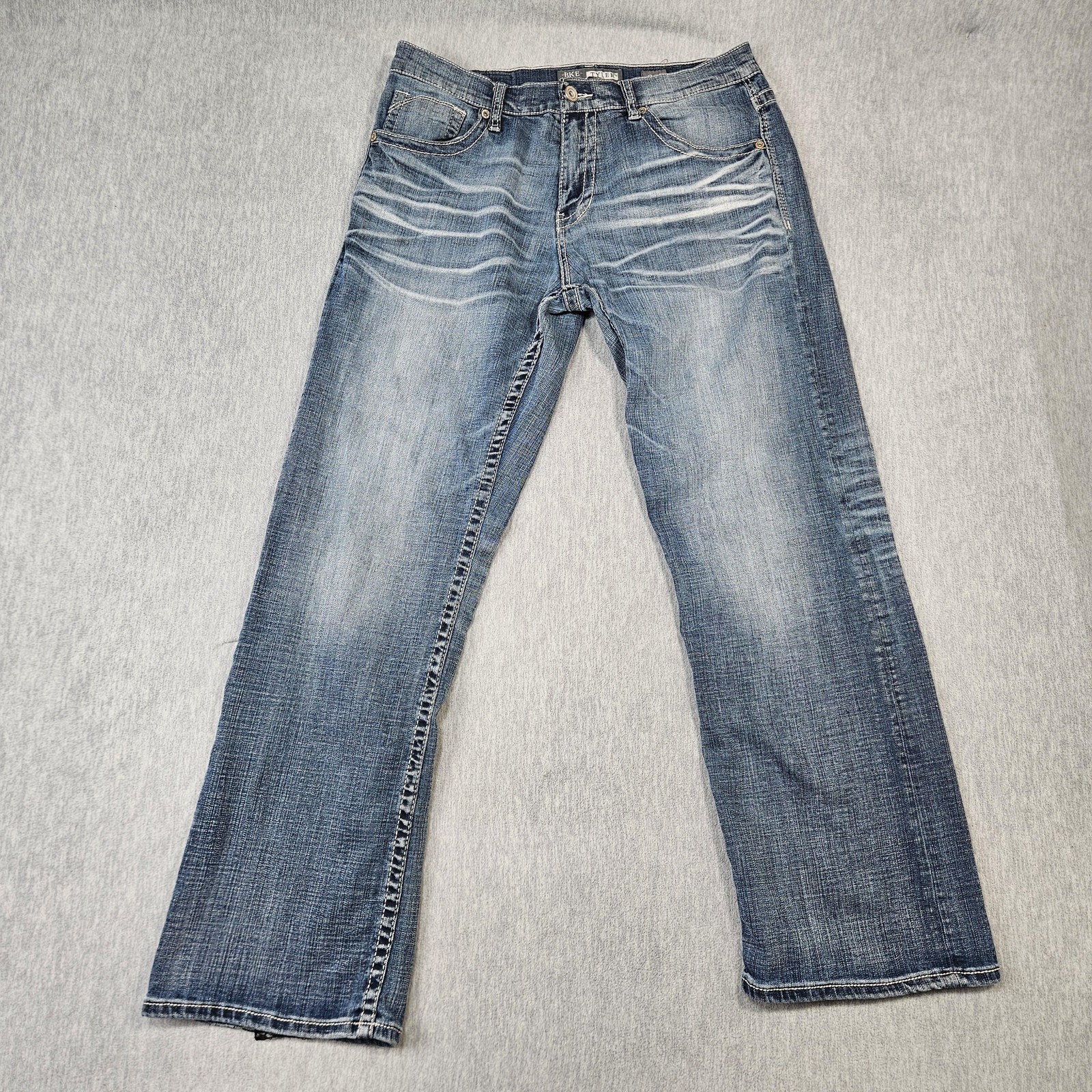 BKE Tyler Jeans Mens 34×34 Blue Bootcut Whiskers Bootleg Denim