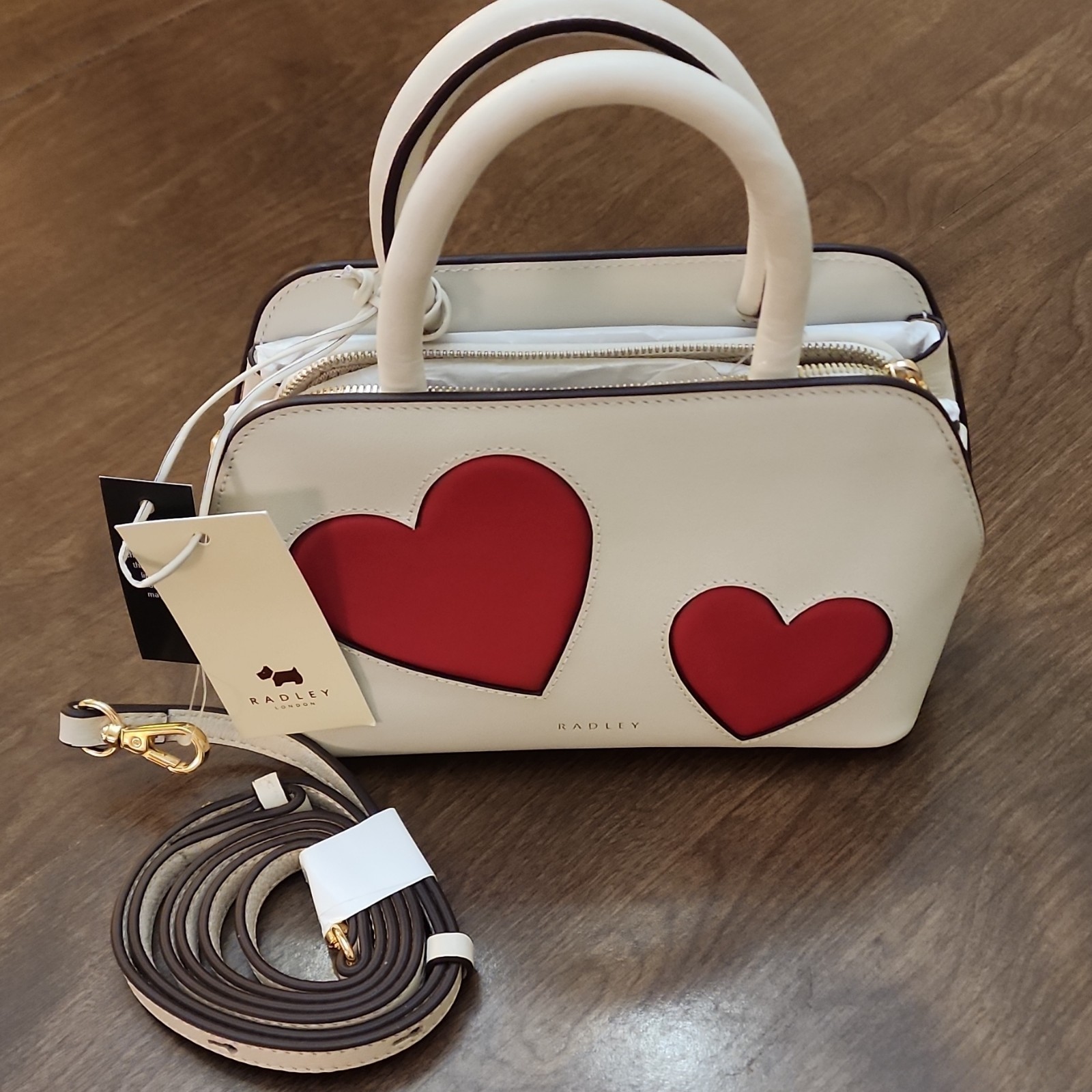 Radley London Valentines Hearts Small Zip Top Grab Satchel White Red Strap