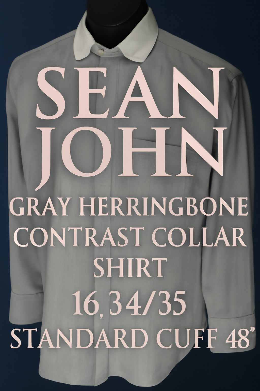 Sean John Gray Herringbone Contrast Collar Shirt 16 34/35 Standard Cuff 48″