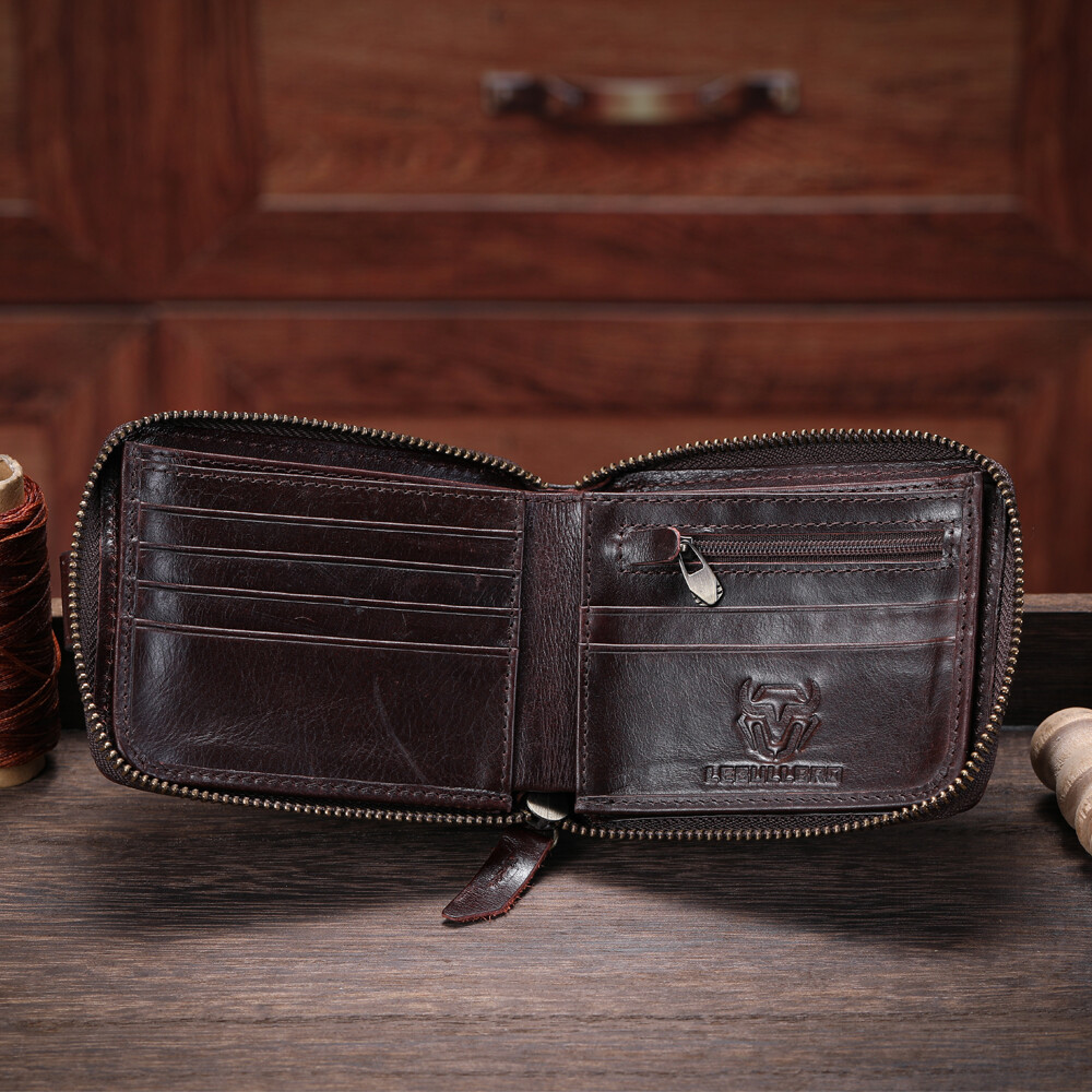 Genuine Leather Wallet Men Large Capacity ID Window Card Case Zip Coin Pocket