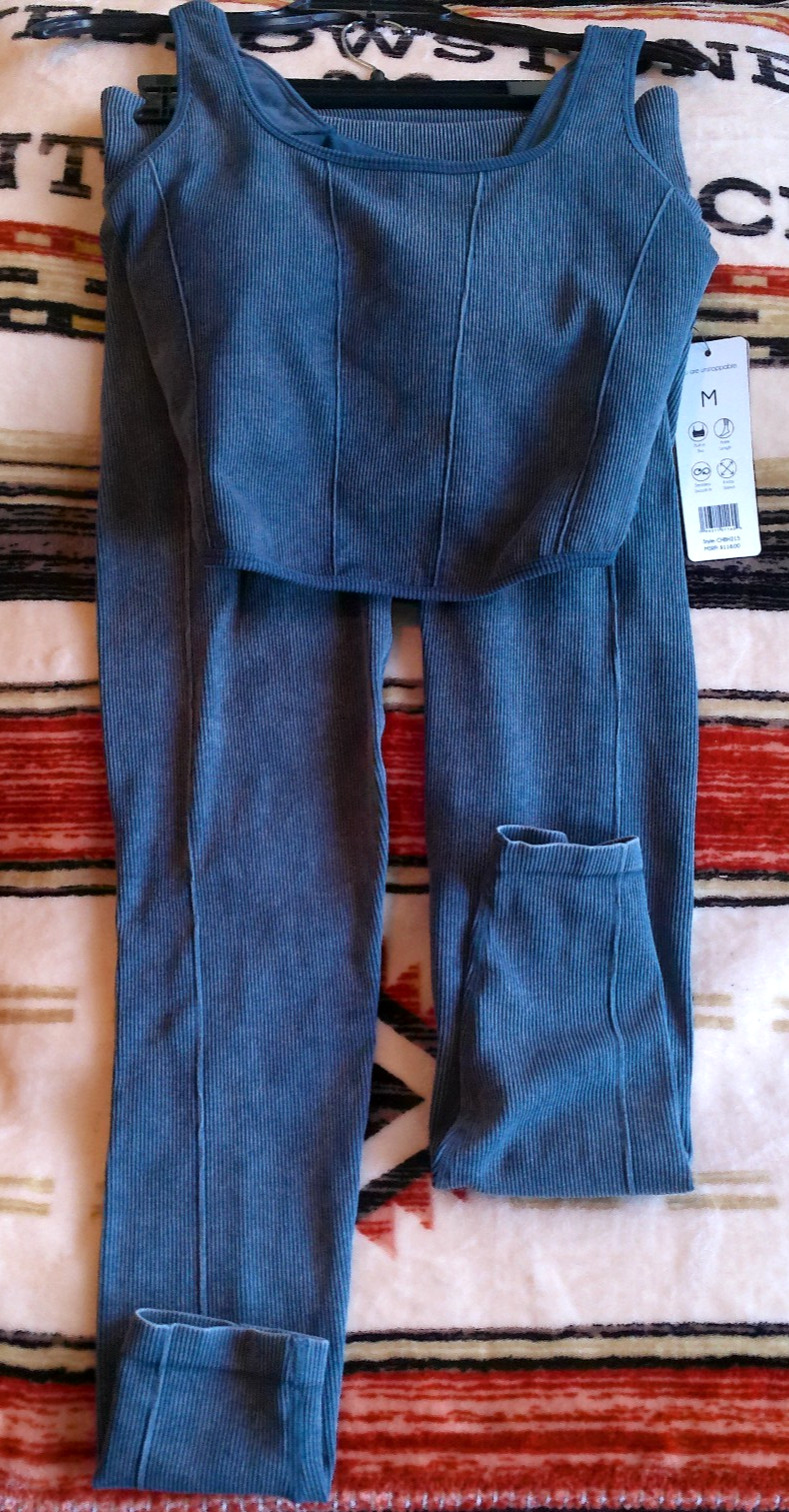 HARMONY BALANCE MEDIUM TWO PIECE SPORTS BRA + LEGGINGS BLUE ANKLE SEAMLESS $118