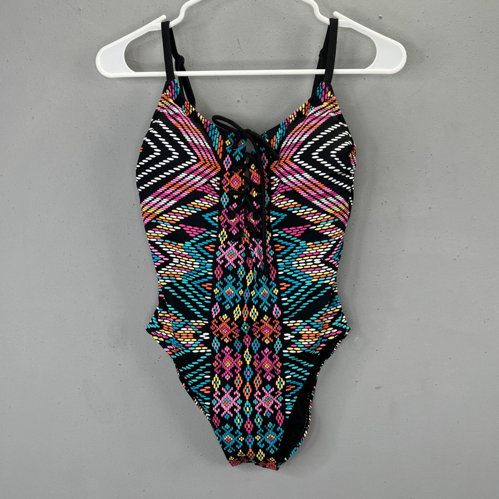 Beach Betty Miracle Brands Swimsuit size S One Piece Black Mosaic Lace Up NWT