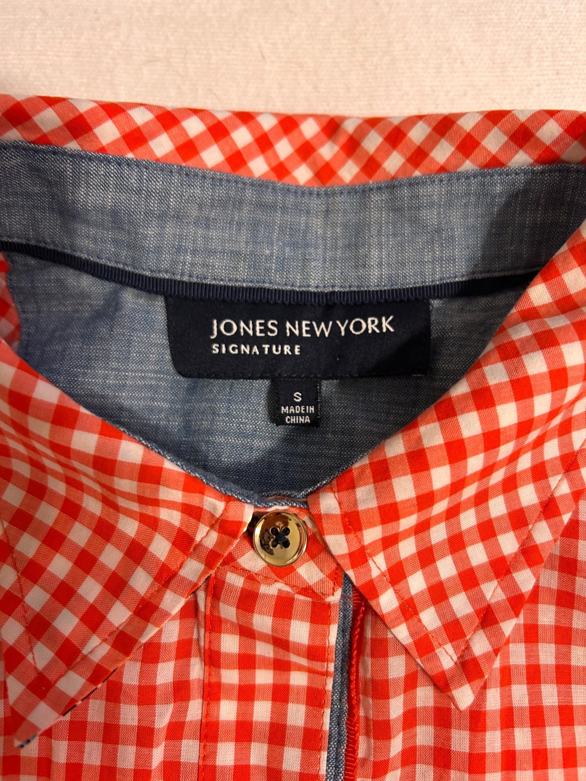 Jones New York Signature Red Gingham Easy Care Cotton Shirt S Button-up SS