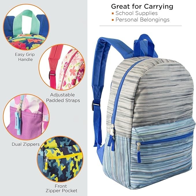 24-Pack 17″ Bulk Backpacks for Students in 24 Assorted Colors