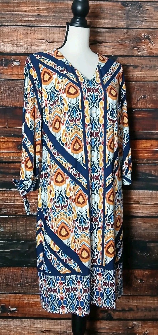 Chicos Shift Dress Size 1 US M Ikat Tie Sleeve Bohemian