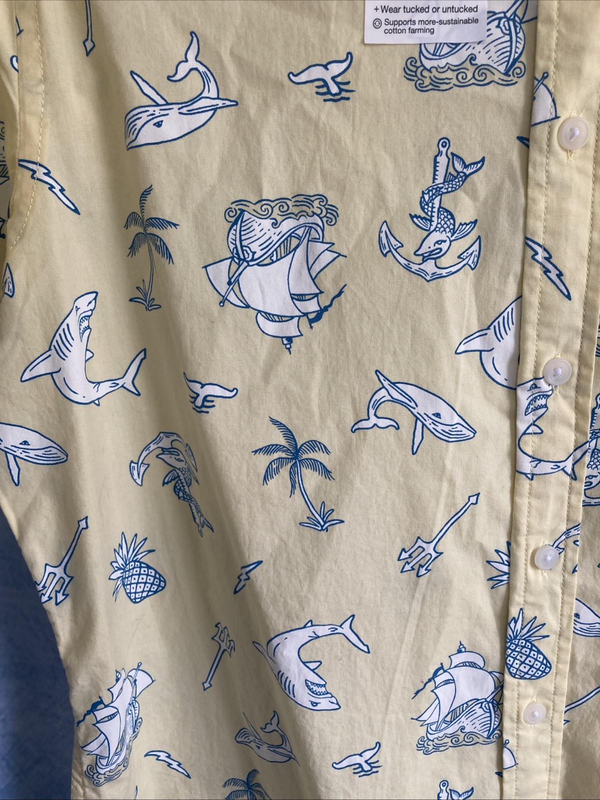 NWT Sonoma Goods For Life Men Medium Perfect Length Shirt Yellow Nautical Shark