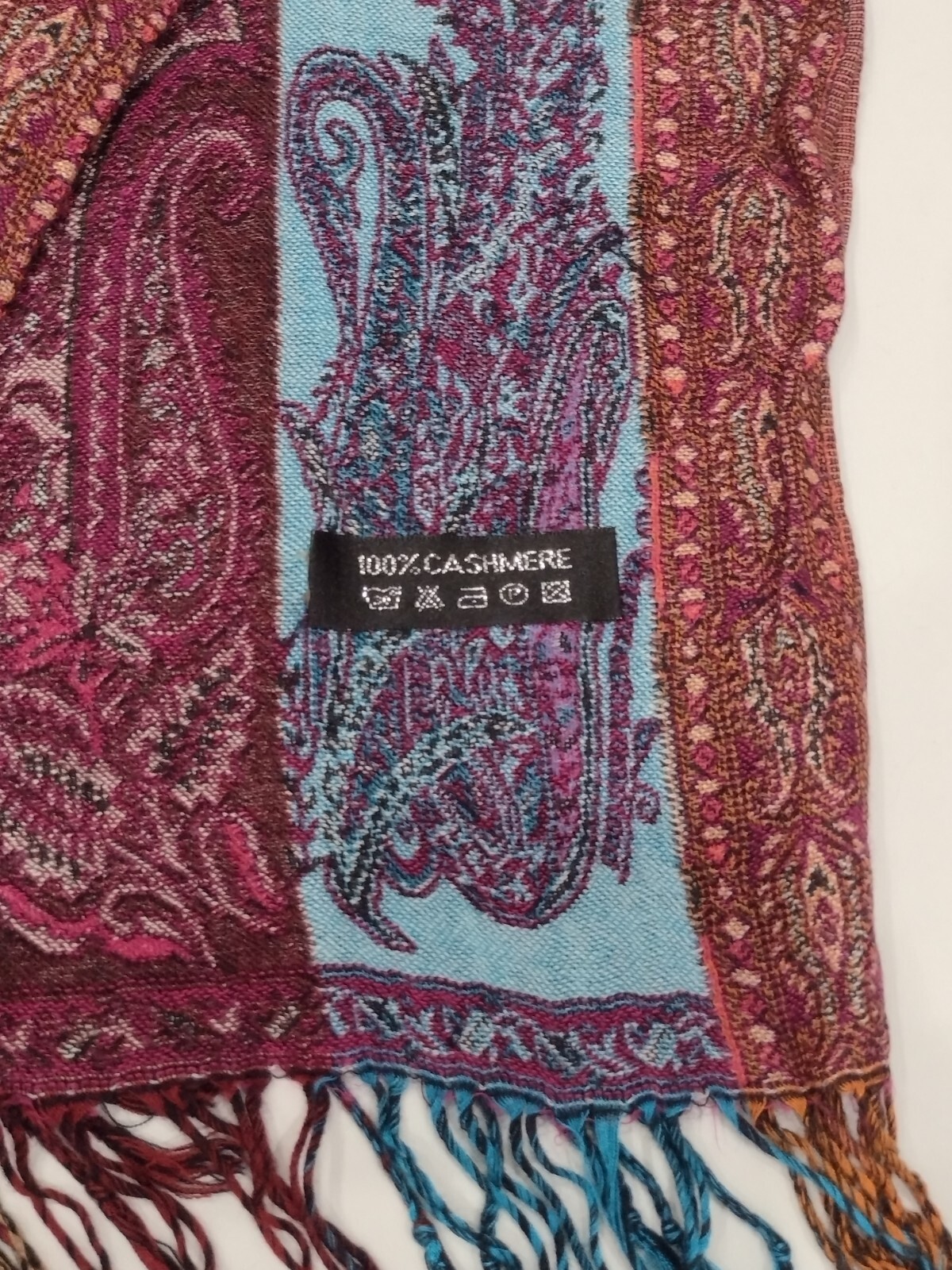 Womens 100% Cashmere Pashmina Wrap Multi Colored Paisley Fringe Afghanistan