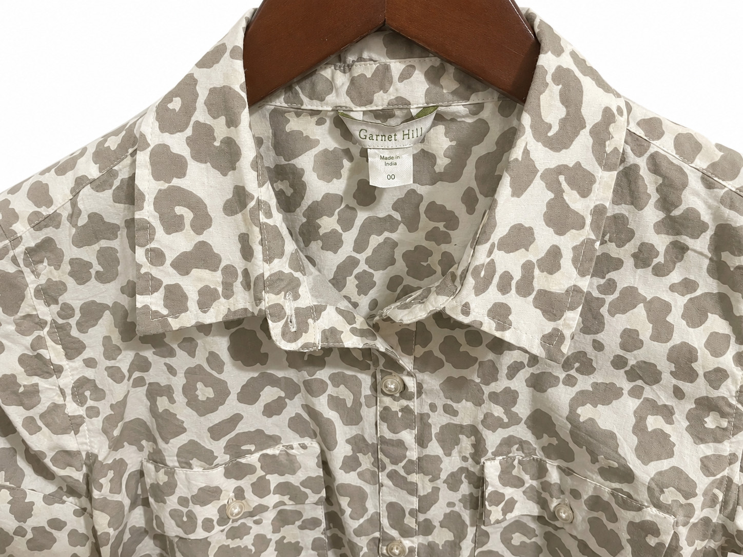 Garnet Hill Leopard Animal Print 100% cotton Top pockets Sz 00 XS White Gray NWT