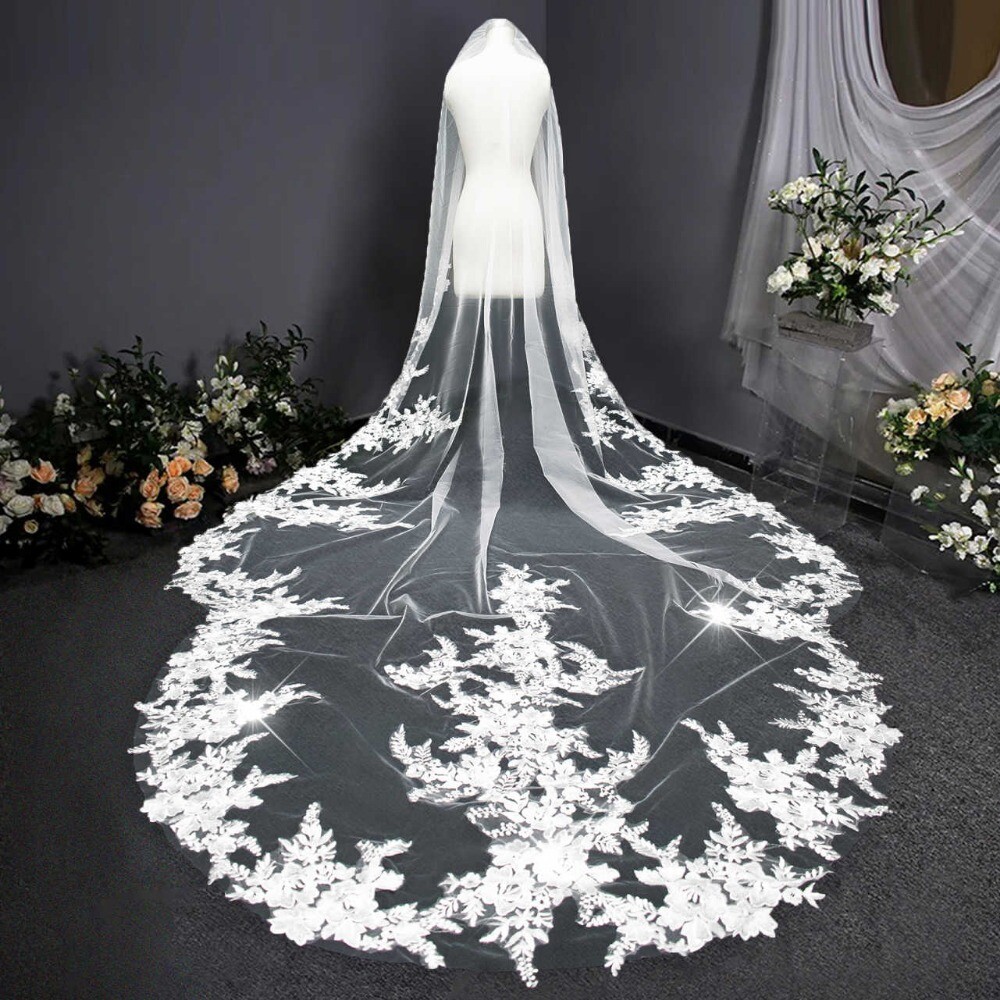 Bridal Wedding Veil Flower Applique Edge Lace Cathedral Length With Comb