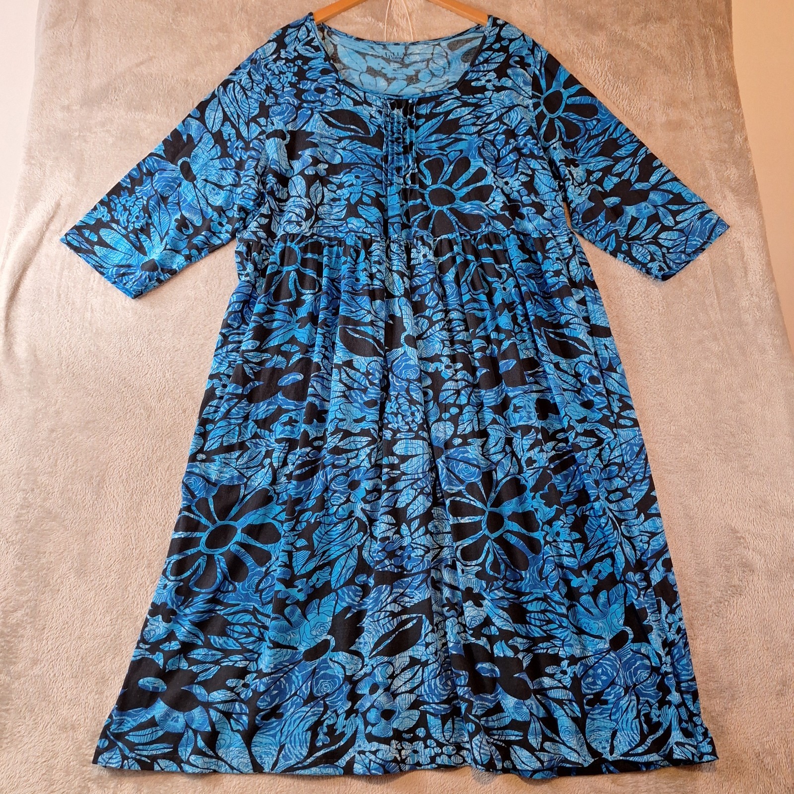 Ulla Popken Knit Dress Womens 24 26 Blue 3/4 Sleeve Floral Cotton Midi House