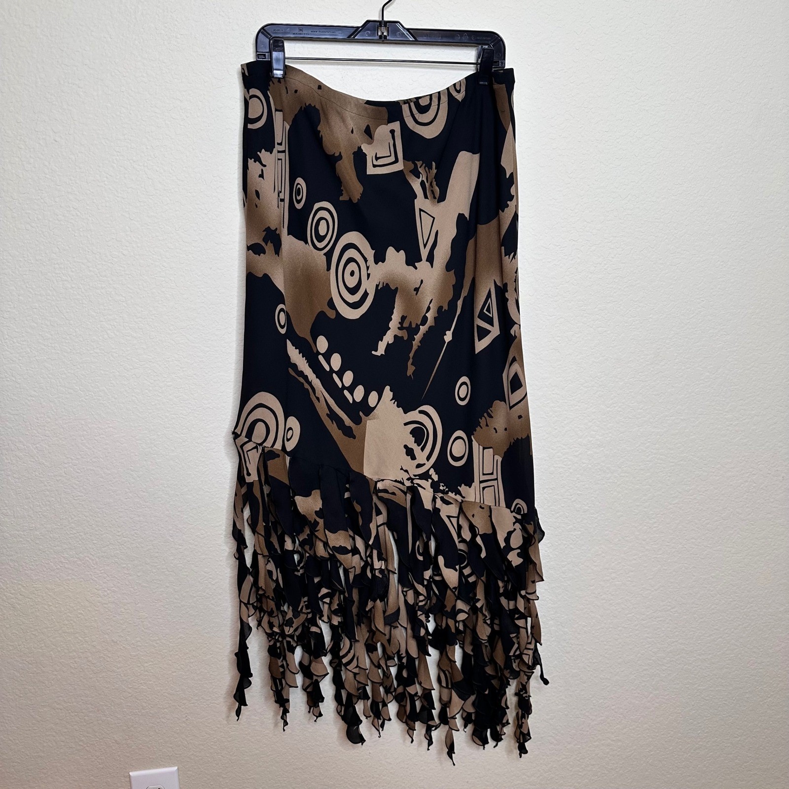 Dress-U-I by Sharon Black Tan Abstract Geometric Fringe Hem Midi Skirt Unique 1X