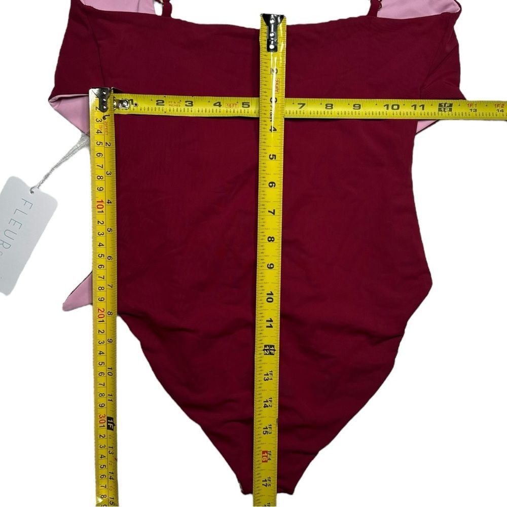 NWT FLEURSWIM Wine Red / Light Pink One Piece Square Neck Tie-Back Size: Small