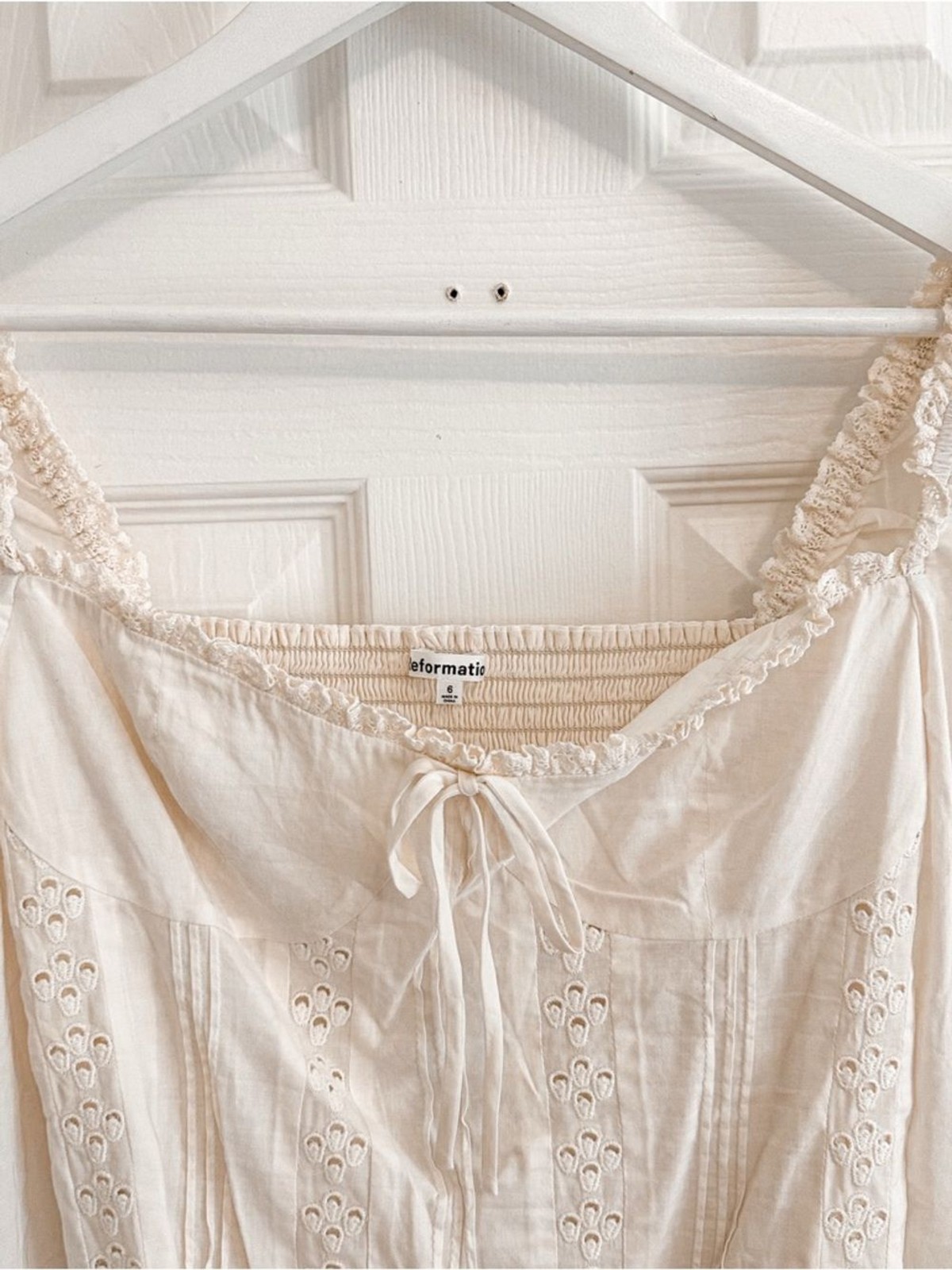 Reformation Isadora Top Cream Eyelet Tie-Front Peasant Blouse