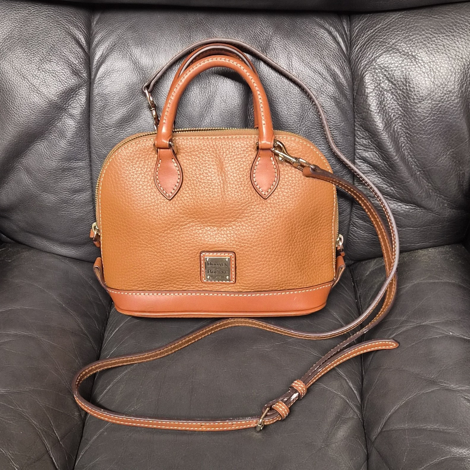 Dooney & Bourke Pebbled Dome Satchel Brown Zip Detachable Strap Gold HW